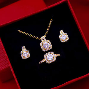Everhoney Jewelry Set Zircon Stone Gold Plated Engagement Wedding Band Ring Stud Earrings Pendant Necklace