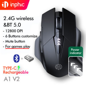 INPHIC A1 V2 Bluetooth Mouse Rechargeable Dual-mode Mute Wireless Mouse 12800DPI Adjustment Ergonomic Optical Mouse for Mac Laptop PC Tablet Mobile Phone with USB Nano Receiver