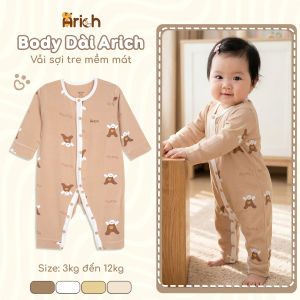 Body dài tay hoạ tiết Gấu Nâu thương hiệu Arich vải sợi tre petit cho bé sơ sinh đến 18 tháng