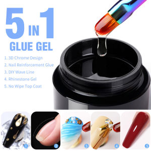 BORN PRETTY 5 in1 Glue Gel Reinforcement Gel No Wipe Top Coat Manicure UV LED Soak Off Gel Nail Varnish 3D Chrome Design