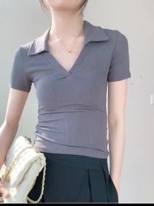 HVDENIM Korean Fashion Collar T Shirt V Neck Tops Full Length POLO Neck Short Sleeve T Shirt Women FREE SIZE