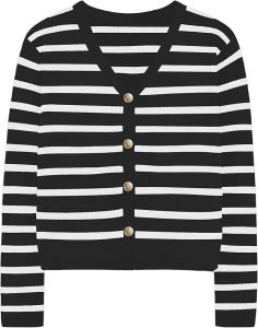 Womens Striped Cardigan Sweater  -  Long Sleeve Button-Down Collar  V  Collared Knitted Cardigan Classic Casual Top   Womens