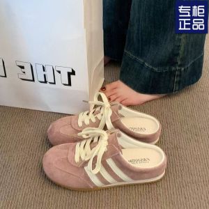 [Free Shipping] Pink Slip-On Sandals For Women Fashionable And Casual With Laces And A Thick Sole