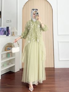 Muthia Dress 2in1 Matt Jersey Mix Tille Dress Kondangan Modern Terbaru 2025 Kekinian Murah Trendy