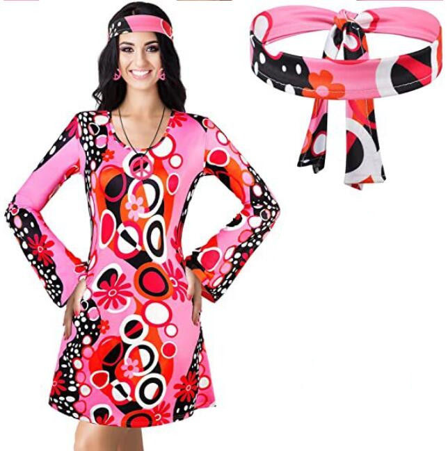 2pcs set Hippie Clothing Women's 60s 70s Hippie Dress Fancy Disco Costume  for Carnival Party cosplay with Headband