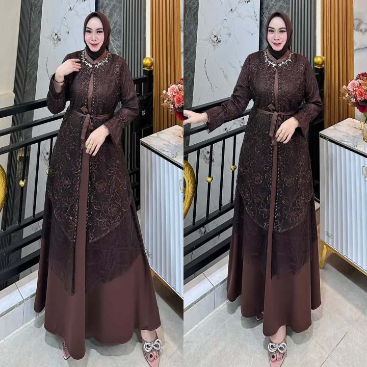 Gamis wanita pesta Kondangan Full Brukat dua Layer Series Coklat mahogani Terbaru 2026 Ceisya dress bahan Velvet Premium Dress wanita Bridesmaid Look Ukuran M L XL XXL