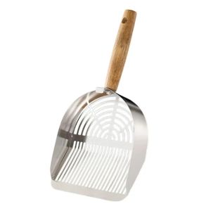 ER52858 Long Wood Handle Cat Litter Scoop with Hanging Hole Stainless Steel Toilet Garbage Picker Rust-proof Non-sticker Pets Poop Sifting Tool For Tofu Sand