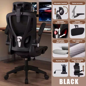 Ergonomic office chair with mesh backrest and adjustable headrest positioned at a white L-shaped desk in a well-organized home office setting.