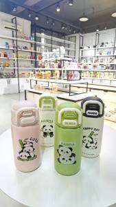 490ml Stainless Steel Thermos Bottle Cute Panda Straw Water Cup Children and Students Double Elastic Cover Sports Water Cup