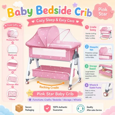 PlayPark Baby Crib for Newborn 3 in 1 Baby Rocker Bassinet Bed with Mosquito Net Mattress Storage Foldable Portable Cradle