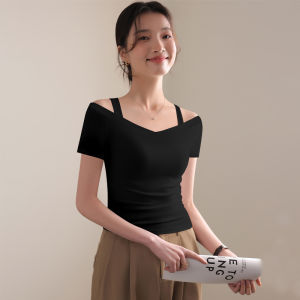 Korean Style Fashion Off-Shoulder Short-Sleeve T-Shirt for Women Summer V Neck T-shirt
