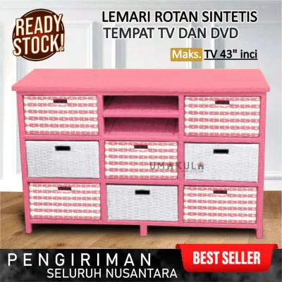 Meja TV 43 Inci Rotan Sintetis 8 Laci Rak Lemari Bufet Buffet Ruang Tamu Serbaguna Modern Minimalis