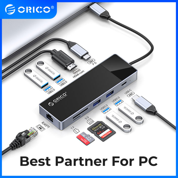 USB C Laptop Docking Station Dual Monitor, ORICO 12 In 1 USB C Hub Adapter Triple Display พร้อม HDMI 4K, DisplayPort 60HZ, Ethernet,PD3.0 100W,พอร์ต USB 4พอร์ต,เสียง3.5มม. Tf/sd สำหรับ MacBook, Windows และ Android