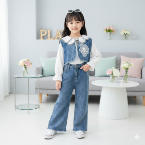 Stelan jins 3 IN 1 anak perempuan import korean style Model Bunga Tulip usia 3 - 12 tahun set anak tangung set anak jumbo oversize terbaru 2025 - COD - ZOYA DENIM 3 TAHUN