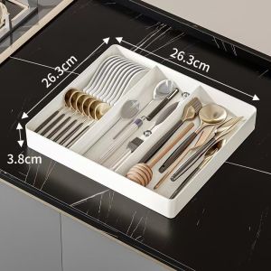 Adjustable Expandable Cutlery Drawer Organizer with Removable Dividers and Spoons Holder - Kitchen Storage Tray
