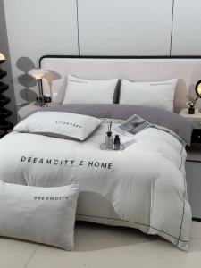 Embroidered Quilt Cover Four-Piece Set Solid Color Washed Cotton Bed Sheet Double Bed Student Dormitory Bed Skirt Three-Piece Bedding Set LZD