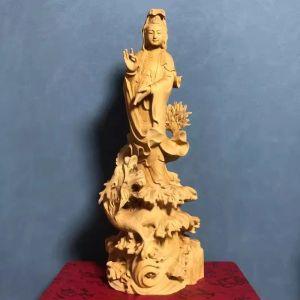 Hand-Carved Boxwood Guanyin Statue with Dragon Base 25cm Buddhist Bodhisattva Decor for Home Temple Meditation Altar