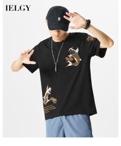 IELGY summer tide brand embroidered short-sleeved T-shirt male carp ethnic loose large size cotton half-sleeved shirt