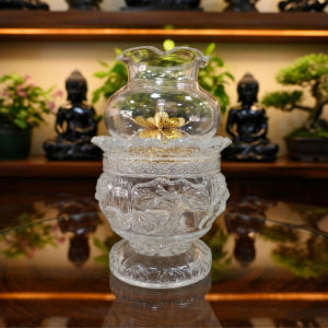 Bộ Đèn Dầu Lưu Ly Thủy Tinh Họa Tiết Sen Nổi Đế Vàng Cao Cấp – Đèn Thờ Cúng Sang Trọng Bền Đẹp (039)
