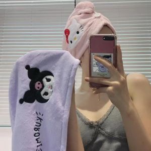 Cute Kuromi Hair Drying Cap Cartoon Anime Coral Fleece Absorb Water Quick-Drying Headscarf Household Towel Quick-Drying No Lint