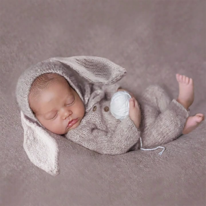 Two Pieces Set Newborn Knitted Jumpsuit Mohair Big Ear Hat Bodysuit Photography Clothes Baby Photo Props Accessories
