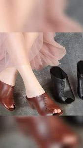 Summer 2025 Retro Chunky Heel Open-Toe Mules Mid-Heel Soft Leather Shoes For Mothers Comfortable And Breathable Footwear