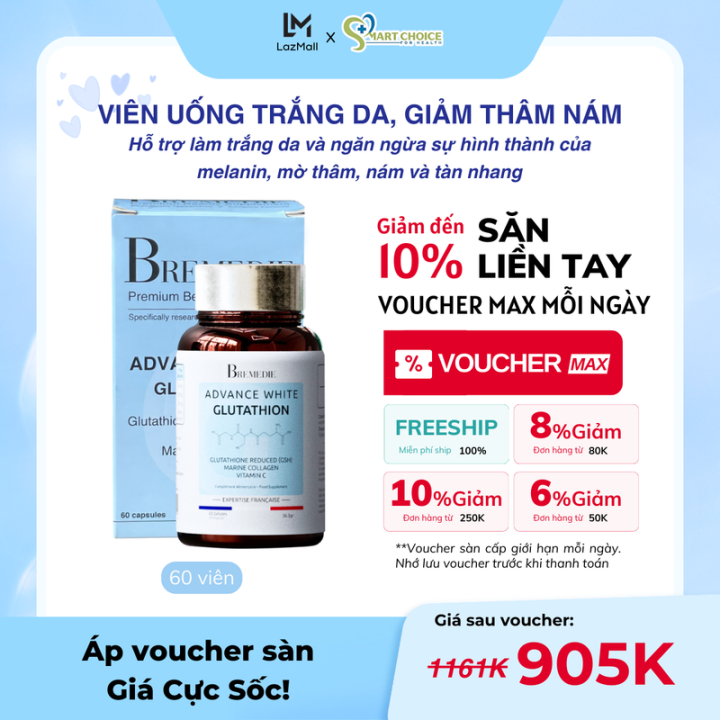 bremedie advance white glutathione Viên uống trắng da, giảm thâm nám Bremedie Advance White Glutathione 500mg  Hộp 60v, giúp da trắng sáng đều màu, giảm thâm nám tren da