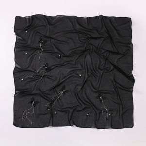 Jifang Luxury Rhinestones Butterfly Long Tassels Chain Plain Bubble Chiffon Square Scarf Viral Muslim Hijab Bawal 90x90cm QT15