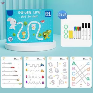 Magical Tracing Book for 2+ years Kids Control Training Alphabet practice math practice Training Preschool Educational Toys Reusable Erasable and Pen