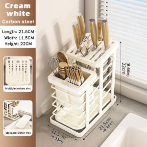 THEOMNIDESK Stainless Steel Knife Rack Kitchen Countertop Knives Tableware Storage Holder with Drain Tray Multi-grid Chopsticks Spoon Cage