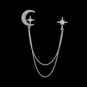 Lapel Pin Rantai Moon & Bintang Bros Jas Pria Korea Fashion dengan Kristal Mewah