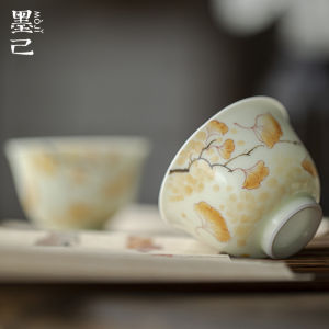墨己 手绘银杏陶瓷品茗杯 功夫茶具喝茶单杯家用文人茶杯三生有杏