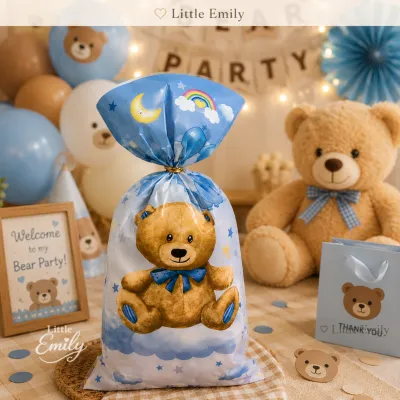 FP1989 (50PCS) Teddy Bear 12X27 CM Blue Plastic Goodie Bags Party Candy Packaging Loot Bag Tie