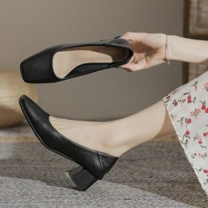 Free Shipping Black Pointed-Toe Chunky-Heeled High Heels For Women Comfortable For All-Day Wear 2026 New Autumn Collection Professional And Work-Appropriate Shoes Mid-Heel Pumps
