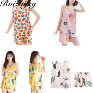 ชุดนอนผู้หญิง2ชิ้นชุดนอนแขนกุดคอกลมกางเกงขาสั้นเสื้อใส่อยู่บ้านน่ารักเรียบง่ายสไตล์เกาหลี