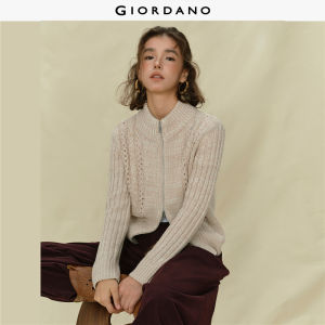 GIORDANO Women Sweaters Hollow Out Cable Knit Cardigans Mock Neck Two-Way Open Zip Fashionable Casual Loose Cardigans 18355221