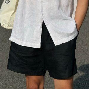 DODEP Quần shorts đùi nam 100% linen premium trên gối màu đen navy