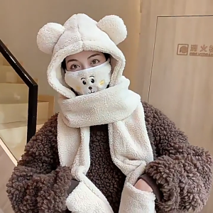 ถุงมือหมวกสตรีทันสมัยผ้าพันคอคลุมหมวกฤดูหนาวผู้ใหญ่สำหรับวัยรุ่นถุงมือหมวกไหมพรมขนแกะหมี4in1