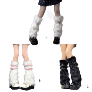 Fuzzy Faux Furs Leg Warmers Furs Heels Long Boots Cuffs Cover Belt Buckle One Pair Carnivals Boot Cover Y2K JK