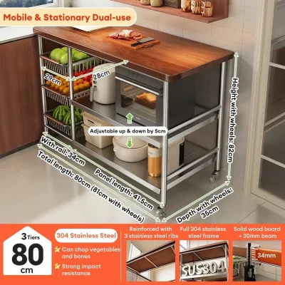 BMZAR Stainless Steel Multi Function Kitchen Storage Rack Kitchen Island Table Microwave Oven Stand Heavy Duty Utility Cart Large Capacity Vegetable Basket Organizer with Wheels