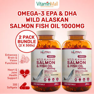 TWIN PACK - Nutra Botanics Wild Alaskan Omega 3 EPA DHA Salmon Fish Oil 1000mg - Heart Brain Eyes Joints Cholesterol Health Supplement - 300 Softgels