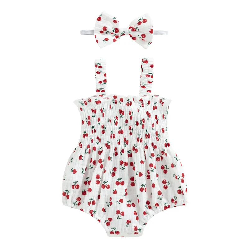 2-3 days Delivery Baby Girl 2Pcs Summer Outfits Sleeveless  Cherry/Carrot/Tree Print Romper with Headband Clothes Sets
