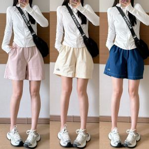original ALO Summer denim Bermuda-style shorts high-waisted loose straight-cut washed casual versatile shorts in stock
