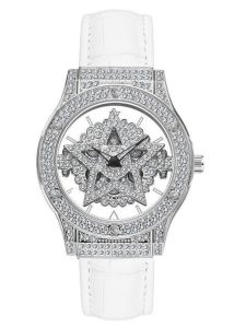 Womens Quartz Watch Leather Straps Luxury Diamond Watches with Rotating Pentagram Dials