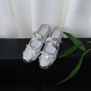 Silver Single Shoes Womens Summer Vintage Mary Jane Versatile Real Soft Leather Bow Ballet Flats Women