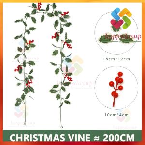 【COD】Christmas Vine 2M Artificial Red Berries Leaf Vine Foliage Rattan Garland Christmas DIY Wreath Door Window Table Stair Decor Xmas Tree Hanging Ornaments Festival New Year Wedding Decoration