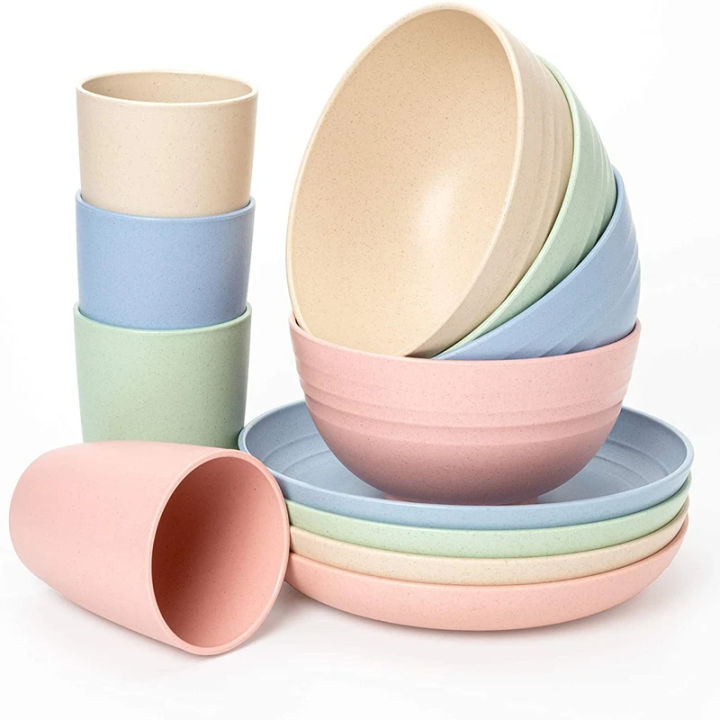 FAMILIFE Assorted Color Dinnerware Sets 12PCS Eco-Friendly Wheat