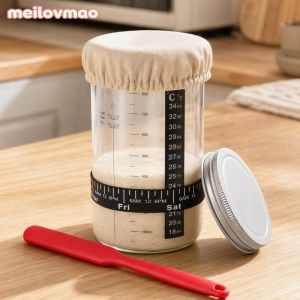 Sourdough Starter Jar Kit 6pcs Glass Reusable Wide Mouth Lid Feeding Mark Bread Baking Tools