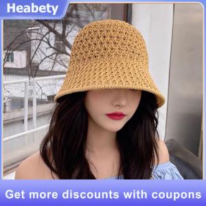 【Heabety】 Handmade Crochet Floppy Top Summer Hats Collapsible Dome Bucket Hat Hollow Out Solid Color Beach Caps Simplicity Soft Women Hat