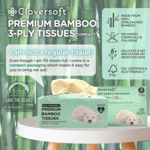 Cloversoft 100% Plant-based & Organic Compact Premium Bamboo Tissues 3 Ply - Unbleached Bamboo, Natural Scent, Space-Saving and Antimicrobial